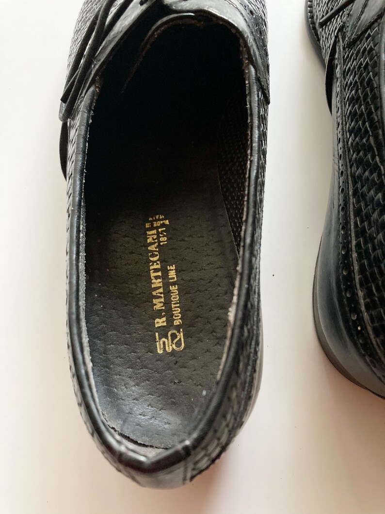 Vintage 70-/80-tals R Martegani Boutique Line svarta vävda läder Oxfords med snörning, loafers storlek 10, tillverkade i Italien bild 9