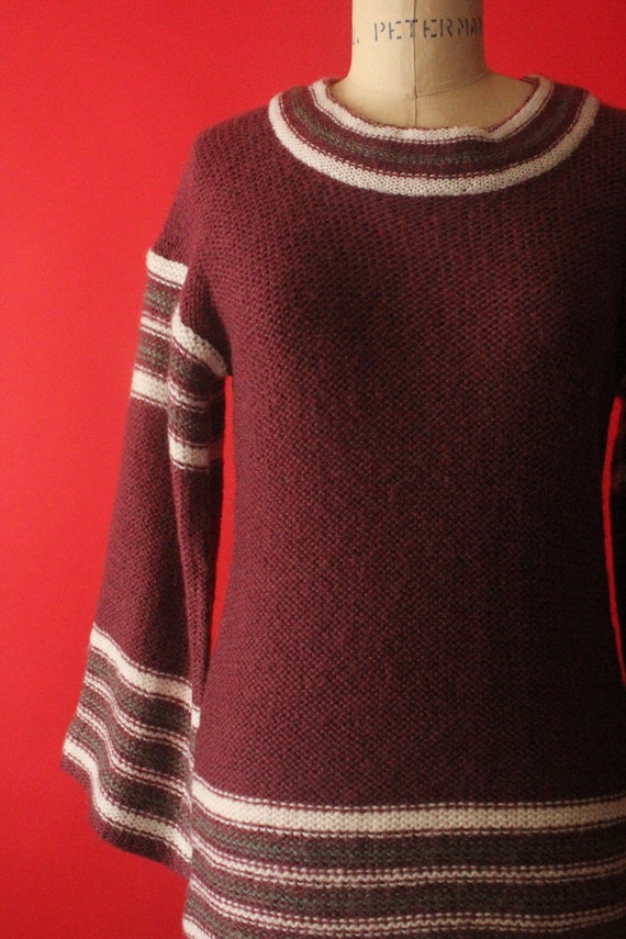 Vintage 70's Boho Burgundy, Grey and White Stripe… - image 2