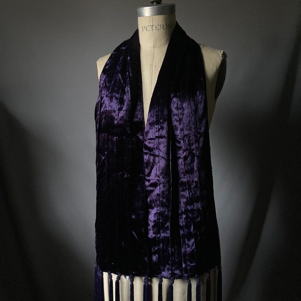 Vintage Jacqueline Ferrar Purple Velvet Beaded Fringe Shawl Wrap Scarf