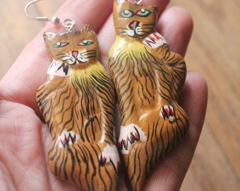 Vintage 80's Handmade Painted Dangle Cat Earrings