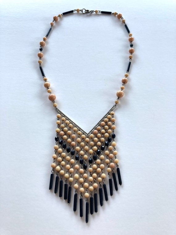 Vintage 90’s Nude and Black Glass Beaded Fringe C… - image 2