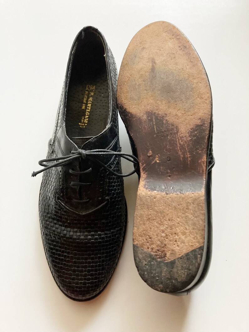 Vintage 70-/80-tals R Martegani Boutique Line svarta vävda läder Oxfords med snörning, loafers storlek 10, tillverkade i Italien bild 6