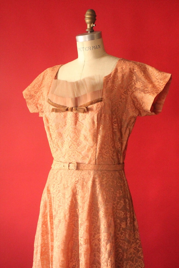 Vintage 40's Peach Lace and Pleated Chiffon Gown … - image 2