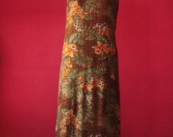 Vintage 90's Brown and Orange Floral Animal Leopard Print Rayon Tank Tie Back Maxi Dress by Style Studio size L