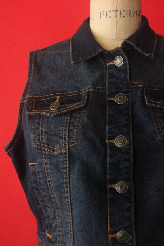 Vintage 90's Dark Blue Jean Denim Stretch 35Butto… - image 2