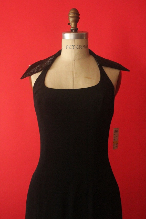 Vintage 80's/90's Black Sequin Collar Halter Long… - image 2