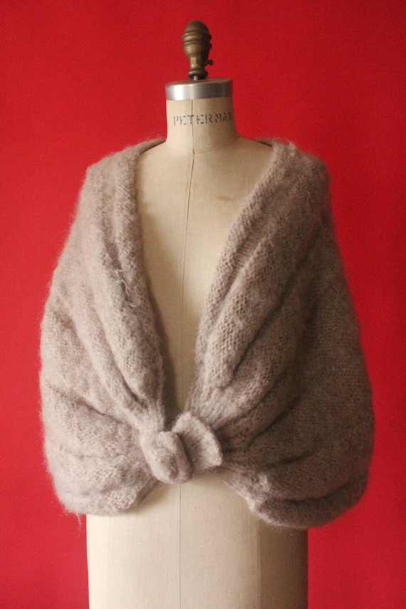 Vintage 50's Handmade Beige Mohair Knit Stole Shaw