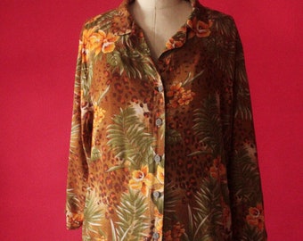 Vintage 90's Brown and Orange Floral Leopard Animal Print Rayon Button Up Blouse by Style Studio size L