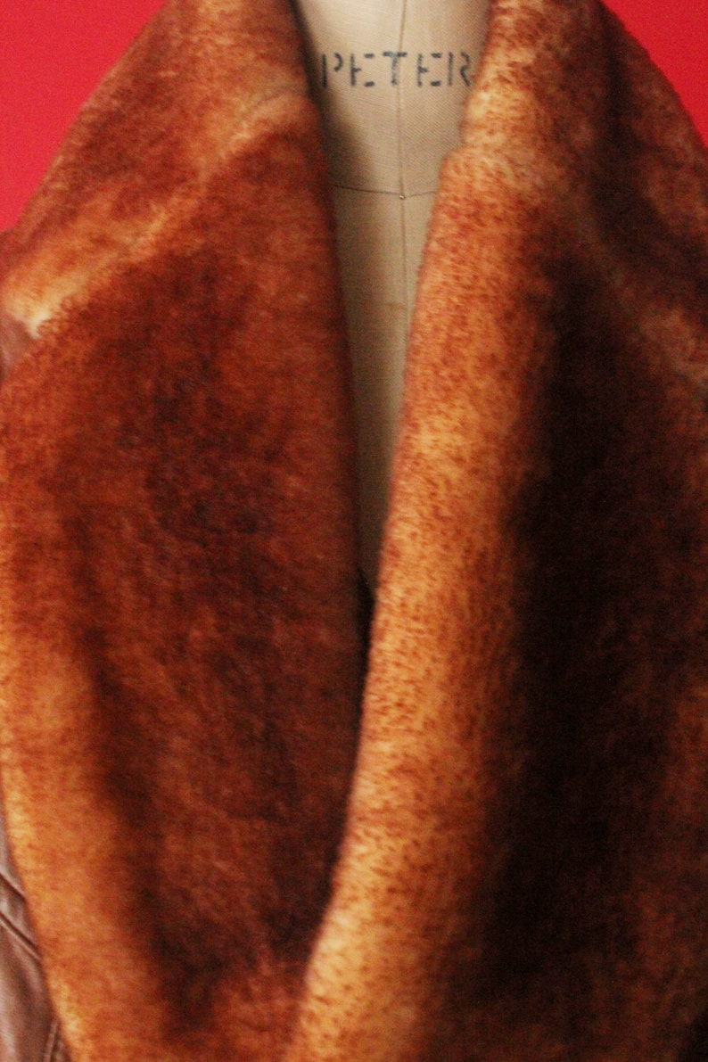 size M Vintage 80/'s Caramel Brown Leather and Shearling Fur Collar Elastic Waist Dolman Sleeve Bomber Jacket by Revi
