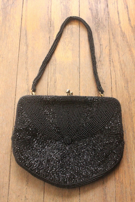 Vintage 50's Black Beaded Top Handle Evening Purse