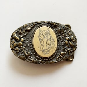 Vintage 70's Brass Western Horse Belt Buckle by Oden image 1