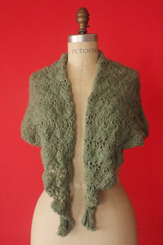 Vintage 60's Handmade Sage Green Crochet Shawl Wr… - image 4