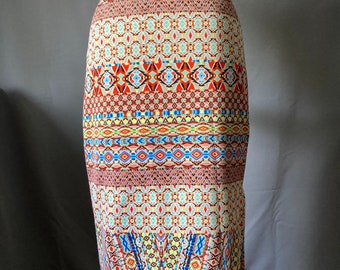 Vintage 2000s Y2K Ethnic Pattern Multicolored Stretch Midi Skirt by Bisou Bisou