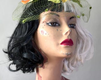 VIntage 50’s Avocado Green Bird Cage Veil Velvet Bow Fall Autumn Leaves Net Fascinator Hat