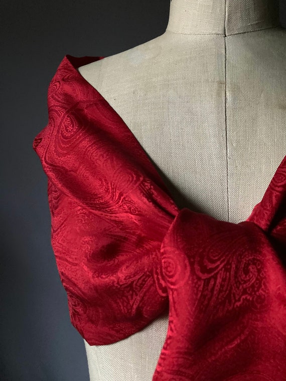 Vintage Red Paisley Silk Fringe Oblong Shawl Scarf - image 8