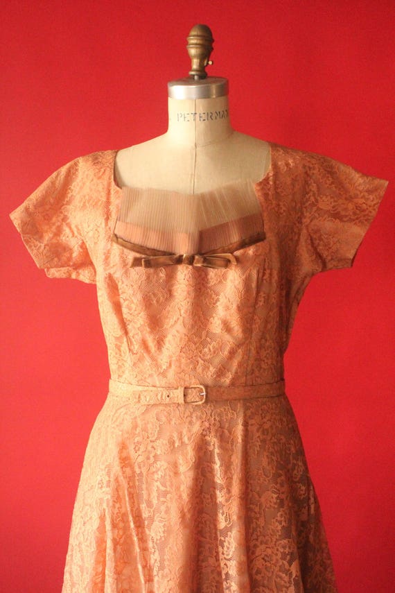 Vintage 40's Peach Lace and Pleated Chiffon Gown … - image 3