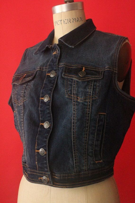 Vintage 90's Dark Blue Jean Denim Stretch 35Butto… - image 4