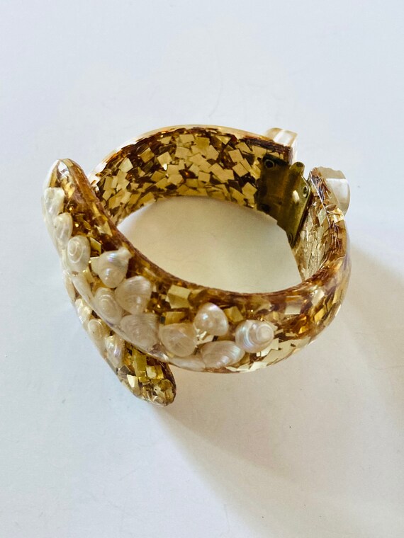 Vintage 50's Shell and Gold Confetti Lucite Brace… - image 5