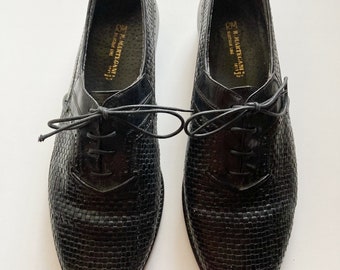 Vintage 70&#39;s/80&#39;s R Martegani Boutique Line Black Woven Leather Lace Up Oxfords Loafers size 10 Made in Italy