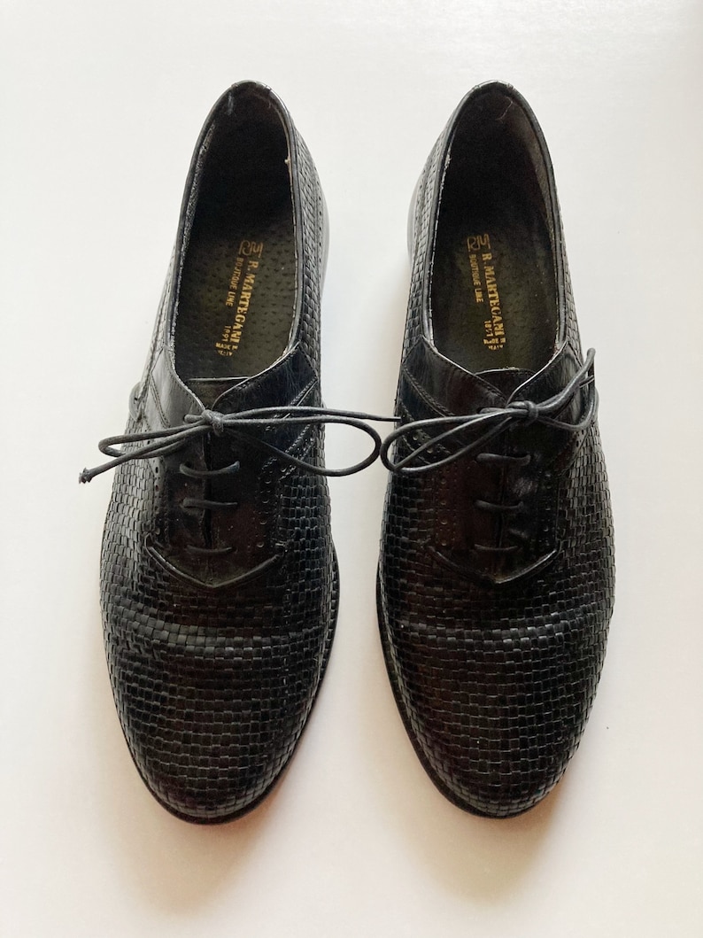 Vintage 70-/80-tals R Martegani Boutique Line svarta vävda läder Oxfords med snörning, loafers storlek 10, tillverkade i Italien bild 1