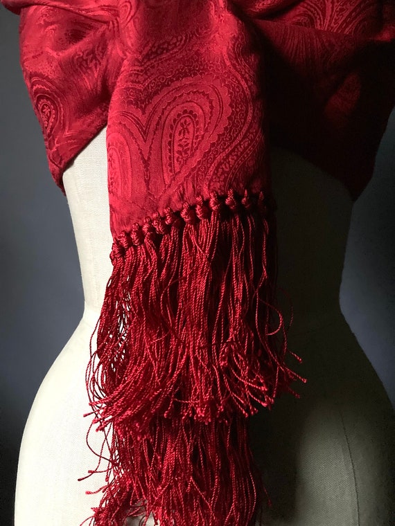 Vintage Red Paisley Silk Fringe Oblong Shawl Scarf - image 7
