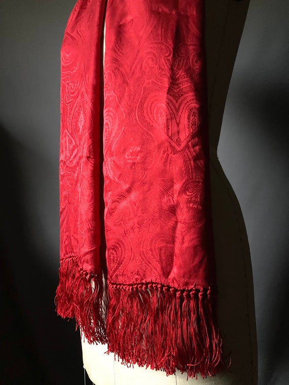 Vintage Red Paisley Silk Fringe Oblong Shawl Scarf - image 4