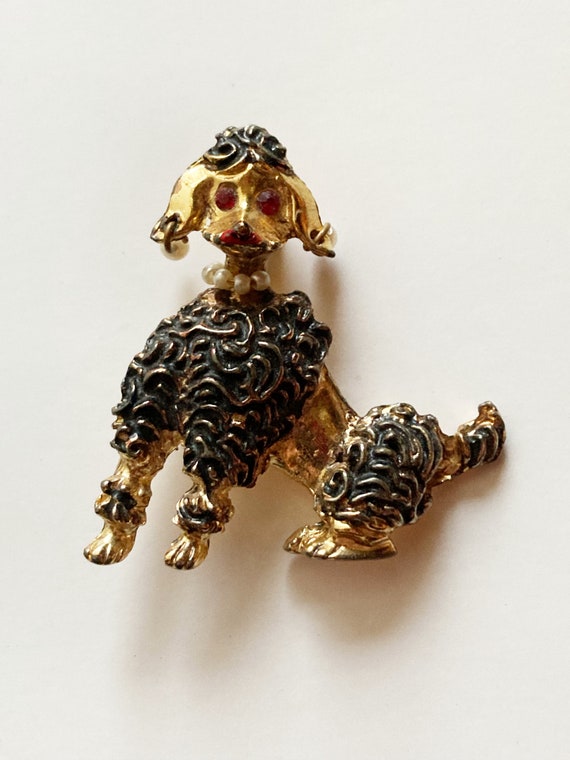 Vintage 50's Gold, Faux Pearl and Crystal Poodle … - image 1