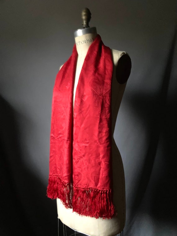 Vintage Red Paisley Silk Fringe Oblong Shawl Scarf - image 3