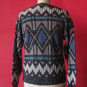 Vintage 80's Grey, Lavender, Blue, Purple, White Abstract Pattern Knit Long Sleeve Pullover Sweater by Santana Size S image 9