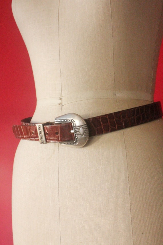 Vintage 90's Western Brown Croc Embossed Leather … - image 5