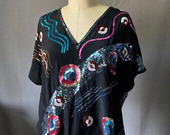 Vintage jaren 80 abstracte pailletten rocaille zijden blouse van Argenti, maat L