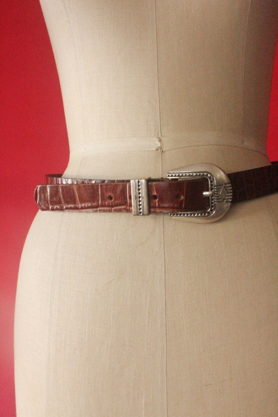 Vintage 90's Western Brown Croc Embossed Leather … - image 1