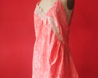 Vintage 80&#39;s Victorias Secret Gold Label Coral Peach and Lace Nightie Slip Dress, size M