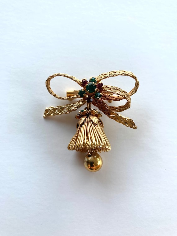 Vintage 50’s Christmas Gold Bow and Bell Ruby and 