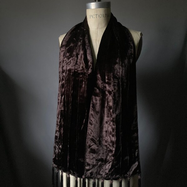 Vintage 90’s Jacqueline Ferrar Brown Velvet Beaded Fringe Shawl Wrap Scarf