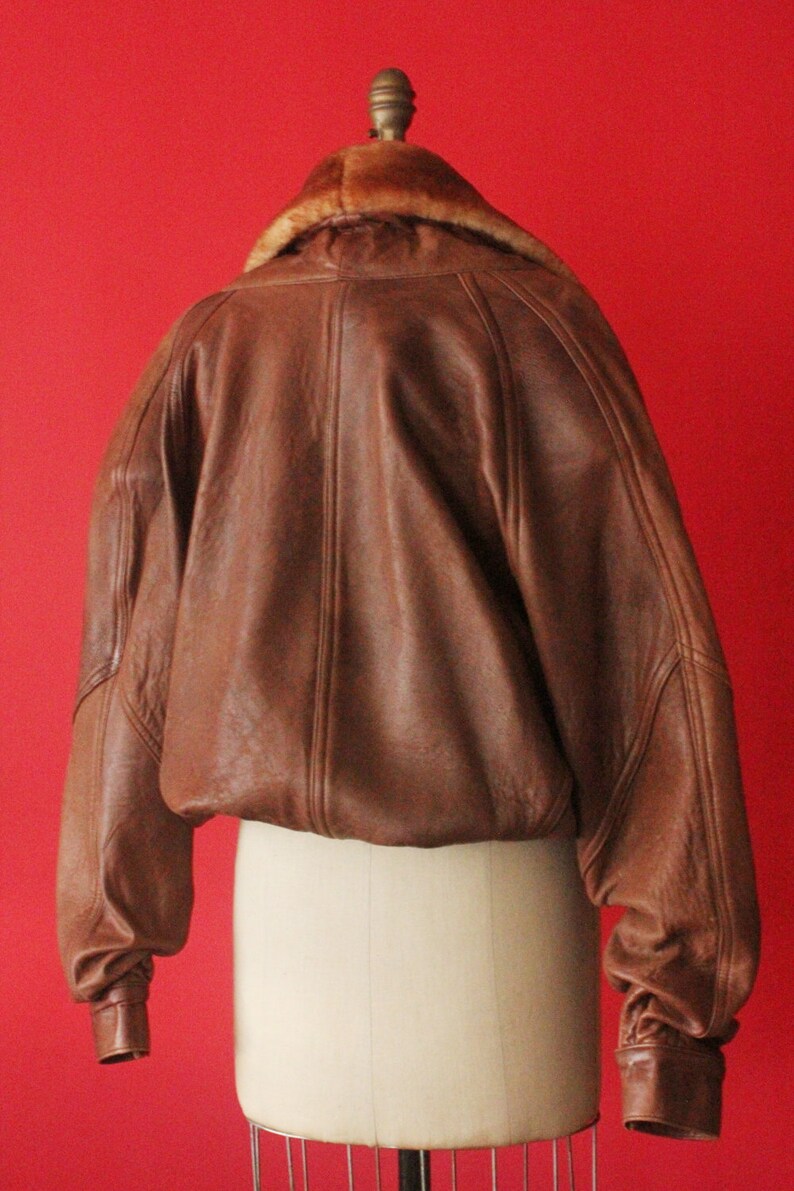 size M Vintage 80/'s Caramel Brown Leather and Shearling Fur Collar Elastic Waist Dolman Sleeve Bomber Jacket by Revi