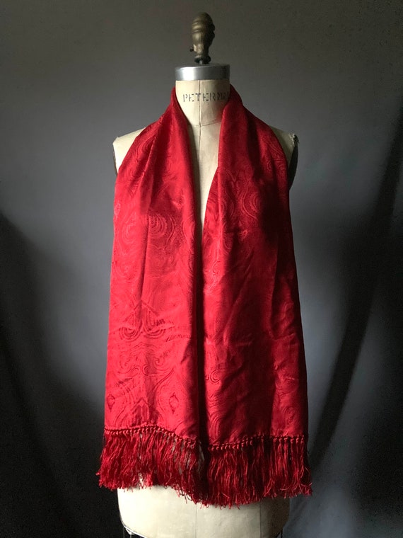 Vintage Red Paisley Silk Fringe Oblong Shawl Scarf - image 1