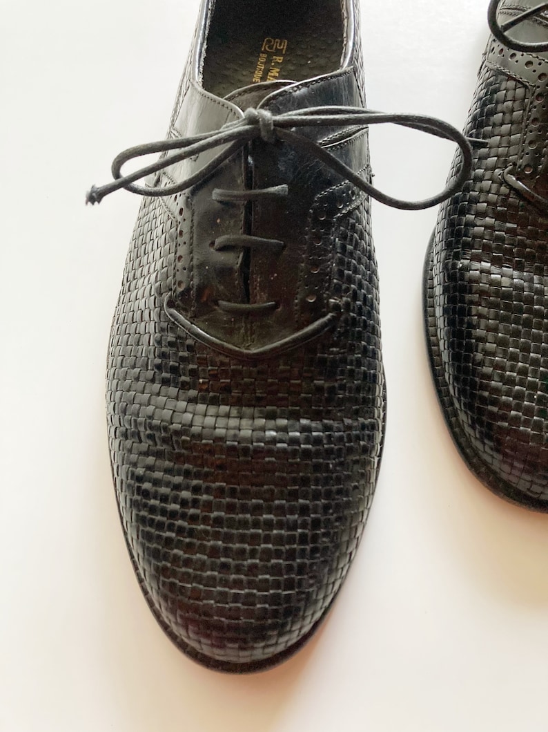 Vintage 70-/80-tals R Martegani Boutique Line svarta vävda läder Oxfords med snörning, loafers storlek 10, tillverkade i Italien bild 3