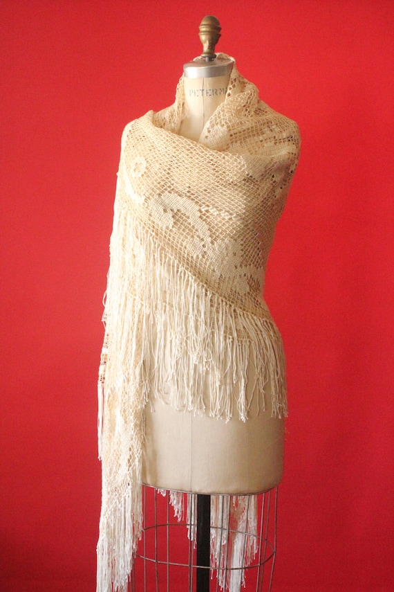 Vintage 20's/30's Cream Ecru Knit Crochet Fringe P