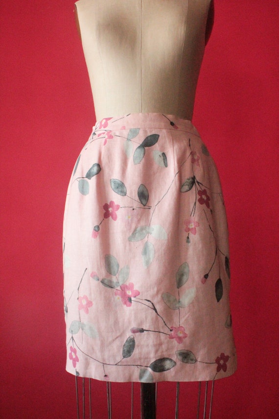 Vintage 90's Pale Pink Floral Linen Skirt by Spen… - image 1