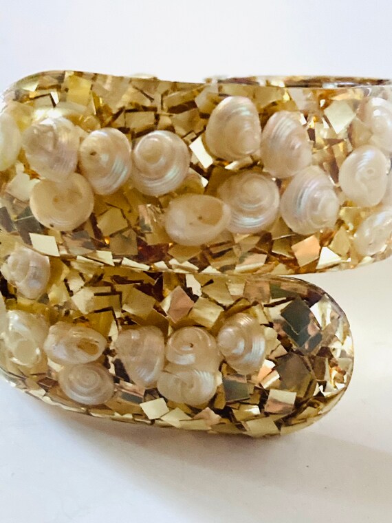 Vintage 50's Shell and Gold Confetti Lucite Brace… - image 6