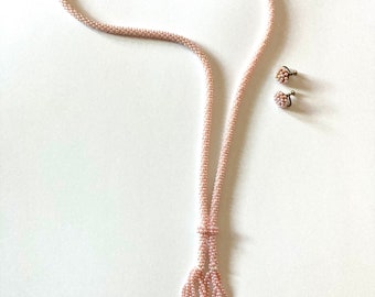 Vintage 50’s Light Pink Faux Pearl Beaded Tassel Flapper Necklace and Earrings Set