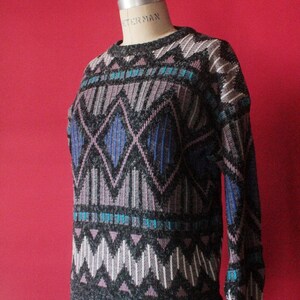 Vintage 80's Grey, Lavender, Blue, Purple, White Abstract Pattern Knit Long Sleeve Pullover Sweater by Santana Size S image 6