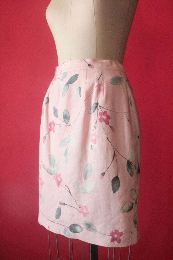 Vintage 90's Pale Pink Floral Linen Skirt by Spen… - image 5