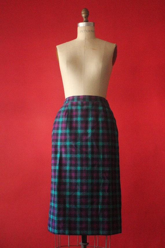 Vintage 70's Navy, Teal and Purple Plaid Pencil S… - image 4