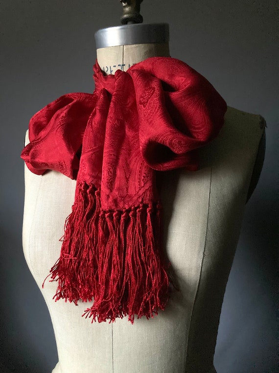 Vintage Red Paisley Silk Fringe Oblong Shawl Scarf - image 6