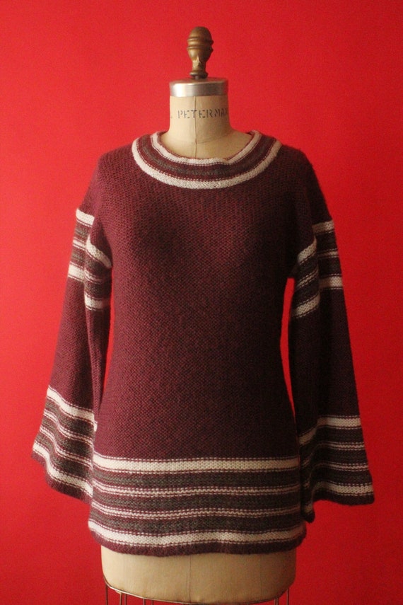 Vintage 70's Boho Burgundy, Grey and White Stripe… - image 1