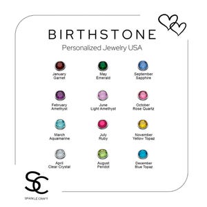Puede incluir: Un gr&aacute;fico que presenta piedras de nacimiento con el texto "BIRTHSTONE Personalized Jewelry USA." Cada piedra preciosa est&aacute; etiquetada con un mes y un nombre de piedra, como "January Garnet" y "May Emerald." El logotipo de Sparkle Craft est&aacute; en la parte inferior.