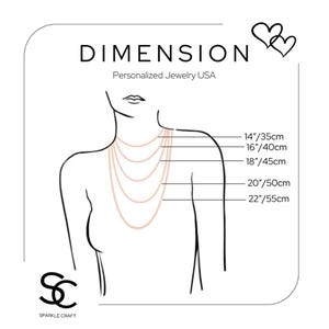 Puede incluir: Diagrama que ilustra las longitudes de los collares, con medidas en cent&iacute;metros. La imagen muestra un contorno estilizado de una persona que lleva collares de diferentes longitudes: 14"/35cm, 16"/40cm, 18"/45cm, 20"/50cm y 22"/55cm. El texto dice "DIMENSION" y "Personalized Jewelry USA".