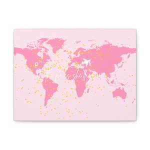 Impressão em tela de mapa-múndi excêntrico, decoração rosa, presente de viagem, arte de parede para viajantes, lembrança de aventura, decoração para escritório em casa, presente para viajantes